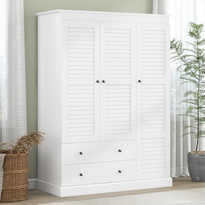 Classic Shutter Doors Design Wardrobe Armoire Closet with 2 Drawers, Storage Shelves & Hanging Rod for Bedroom Guest Room