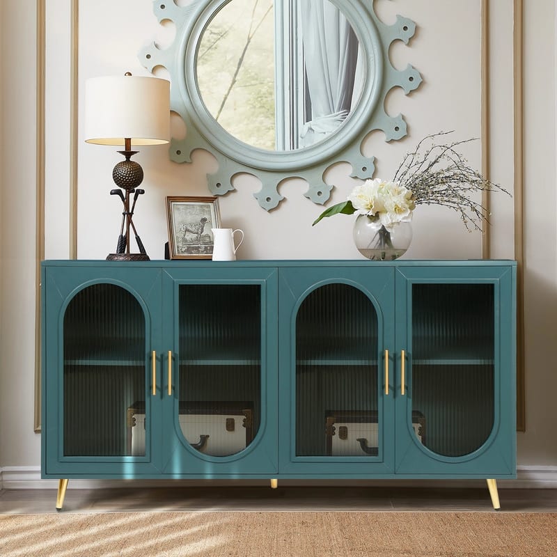 Wood TV Stand with Storage Cabinet & Adjustable Shelves - Antique Blue