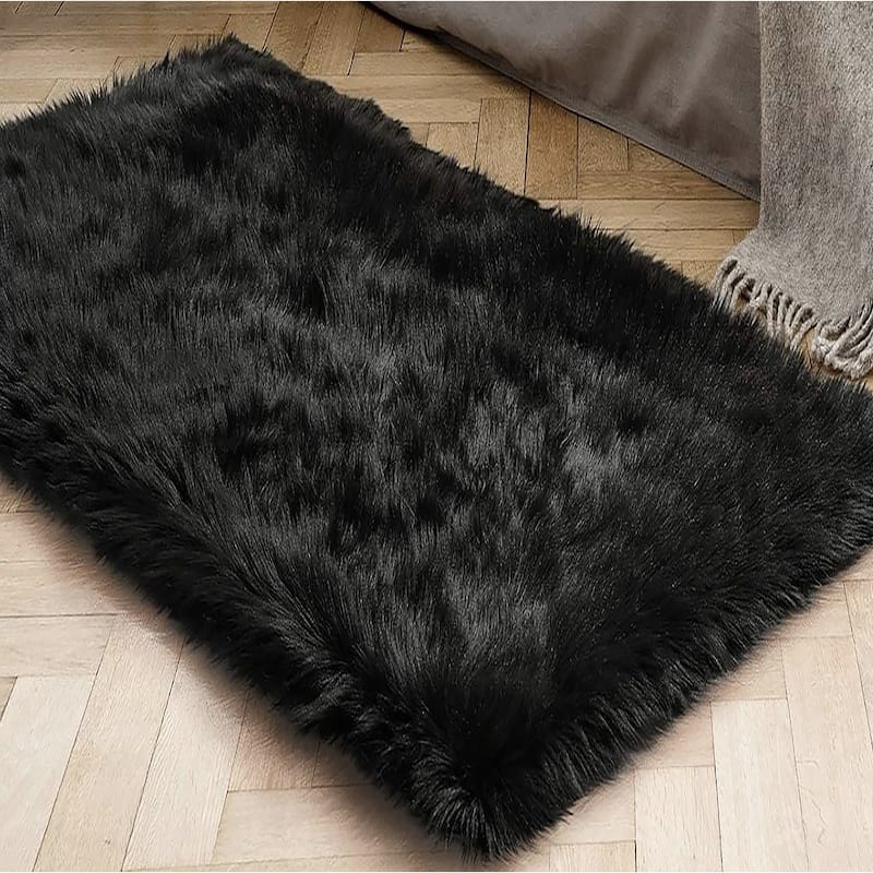 Black Faux Sheepskin Fluffy Thick Soft Plush Shag Area Rug - 5' x 8' Feet