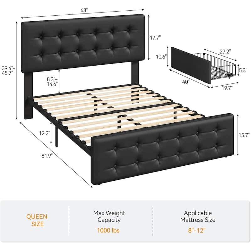 Bed Frame with Adjustable Headboard and 4 Storage Drawers