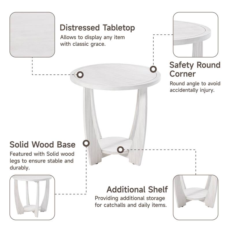 COZAYH Rustic Farmhouse End Table with Storage Shelf, French Country Accent Side Table, Round
