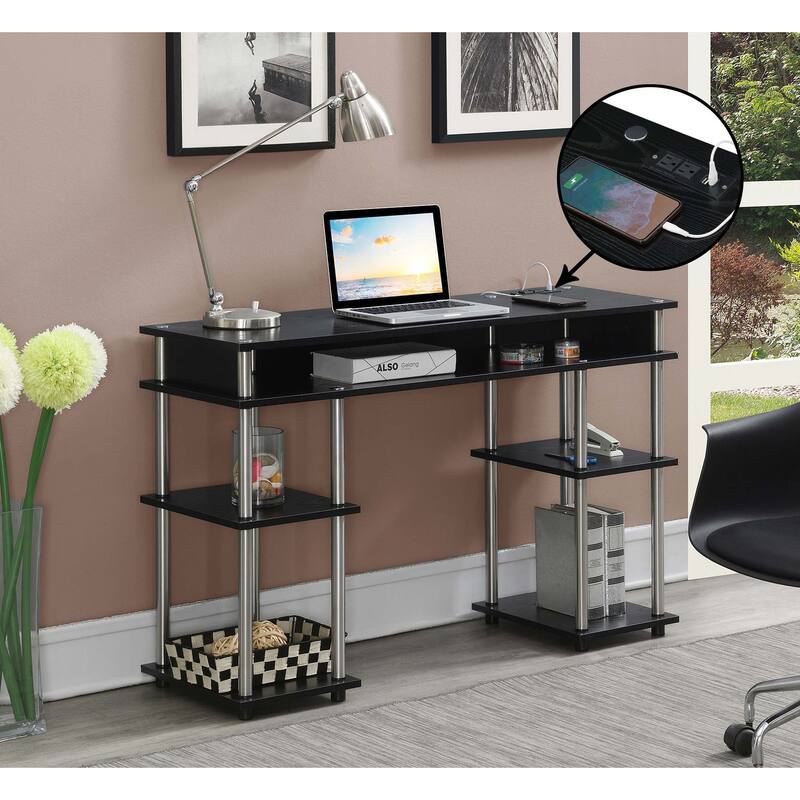 Convenience Concepts Designs2Go No Tools Student Desk with Charging Station and Shelves - Black