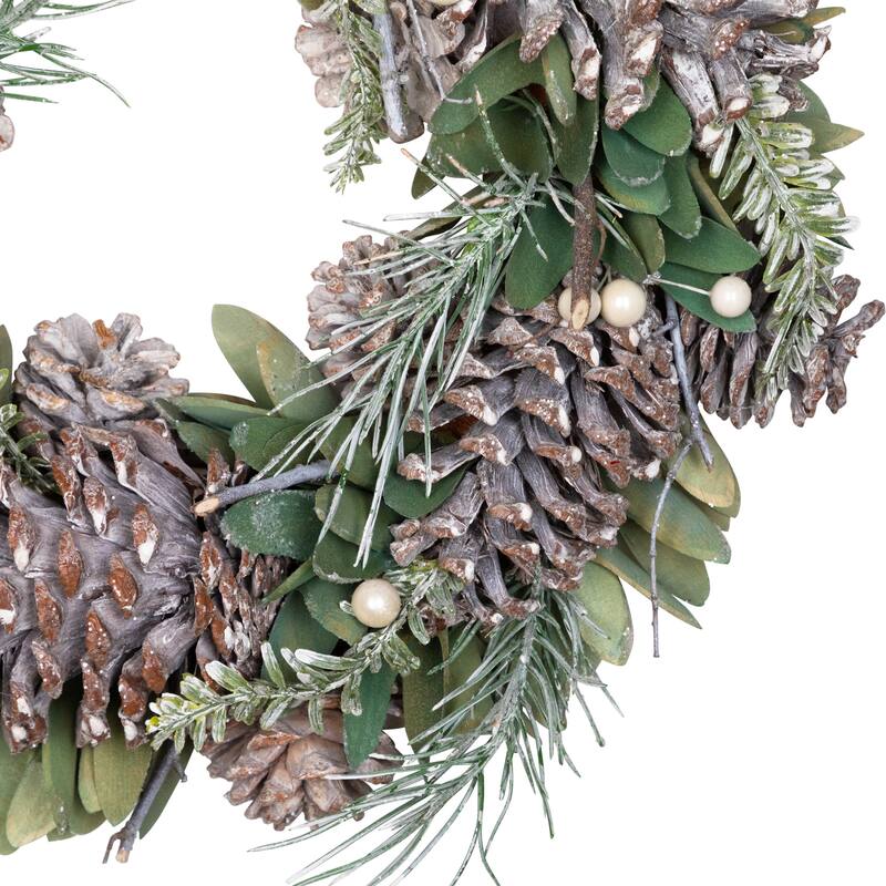 Frosted Pinecone and Wooden Petals Artificial Christmas Wreath -14" - Unlit