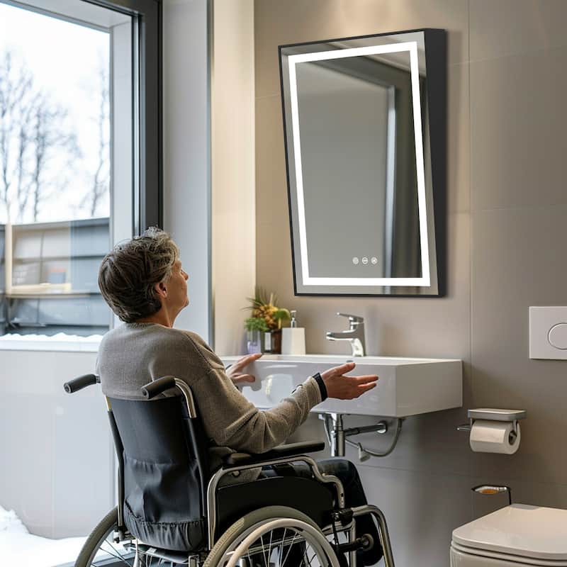 Dimming Front-lit Black Frame Bathroom Vanity Mirror Fixed Tilt Design for Disabled - 23.62x35.43'' - Silver/Black