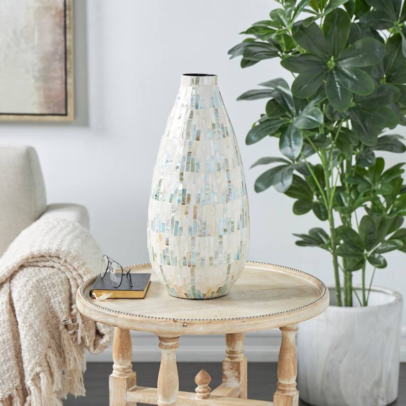 White Mother of Pearl Shell Handmade Mosaic Inspired Decorative Vase with Pastel Blue and Pink Accents - White