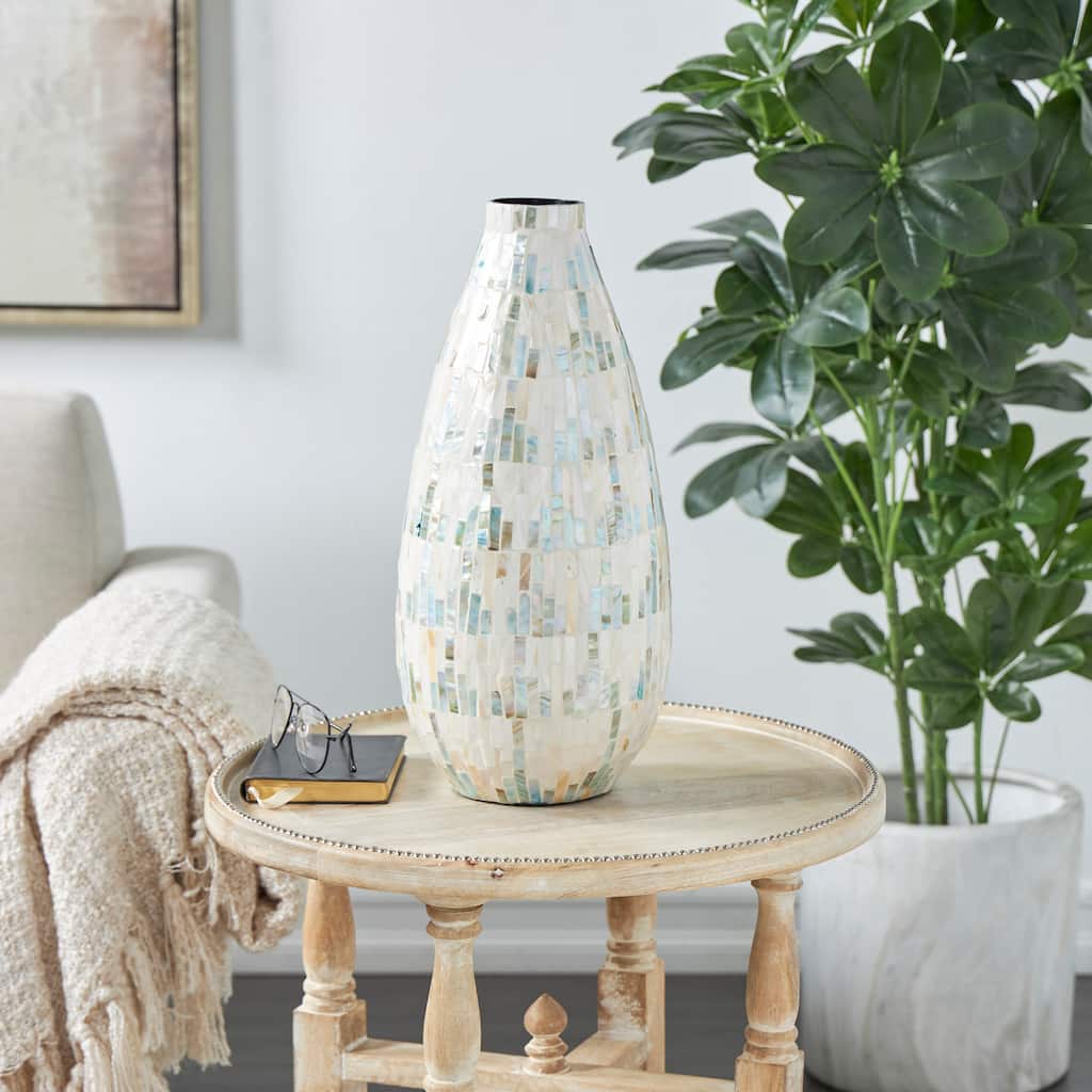 White Mother of Pearl Shell Handmade Mosaic Inspired Decorative Vase with Pastel Blue and Pink Accents
