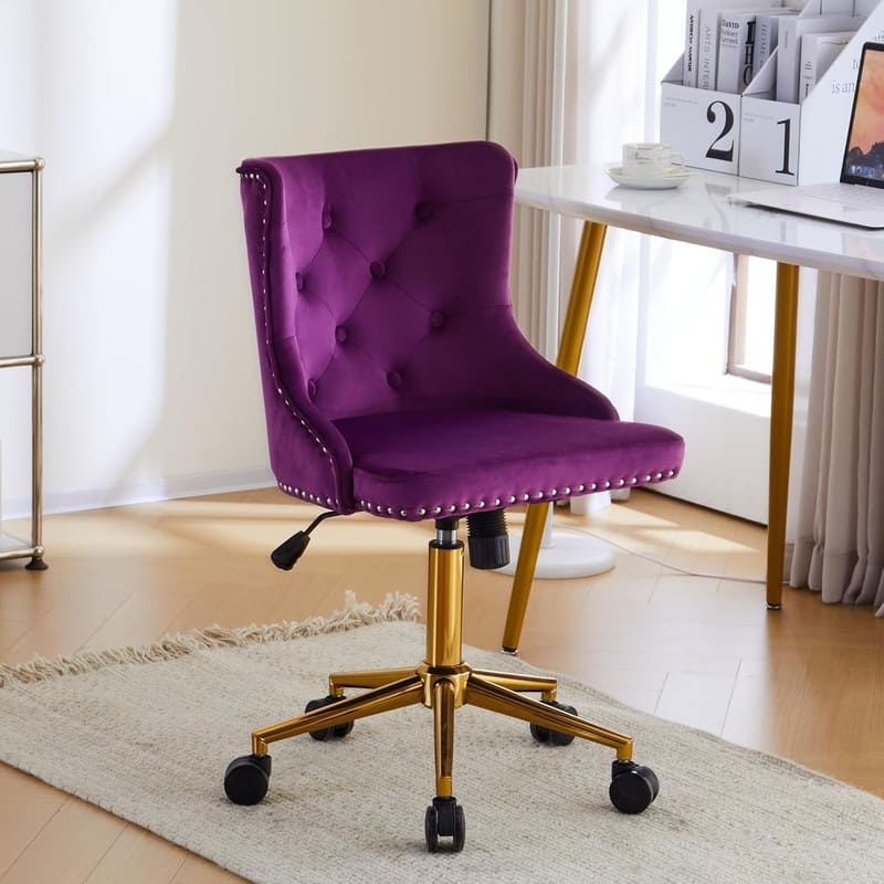 VINGLI Pink Velvet Office Chair with Wheels
