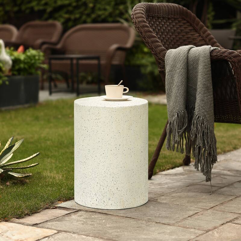 Off White with Speckled Grey Cement Round Indoor Outdoor Side and End Table - 17.91" H x 12.99" Diameter