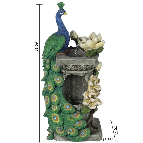 Resin Blue and Green Peacock Outdoor Fountain with LED Light - 31.69" H