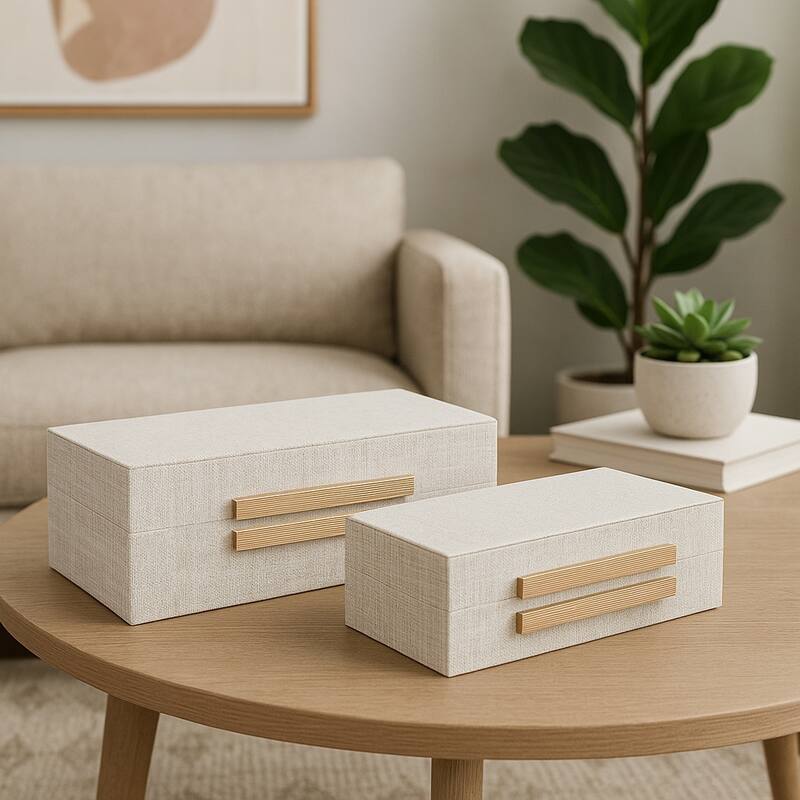 Fabric Organizer Box Double Hardware (Set of 2) - 9" Brown - 12" x 6" x 4" - White - 12" x 6" x 4"