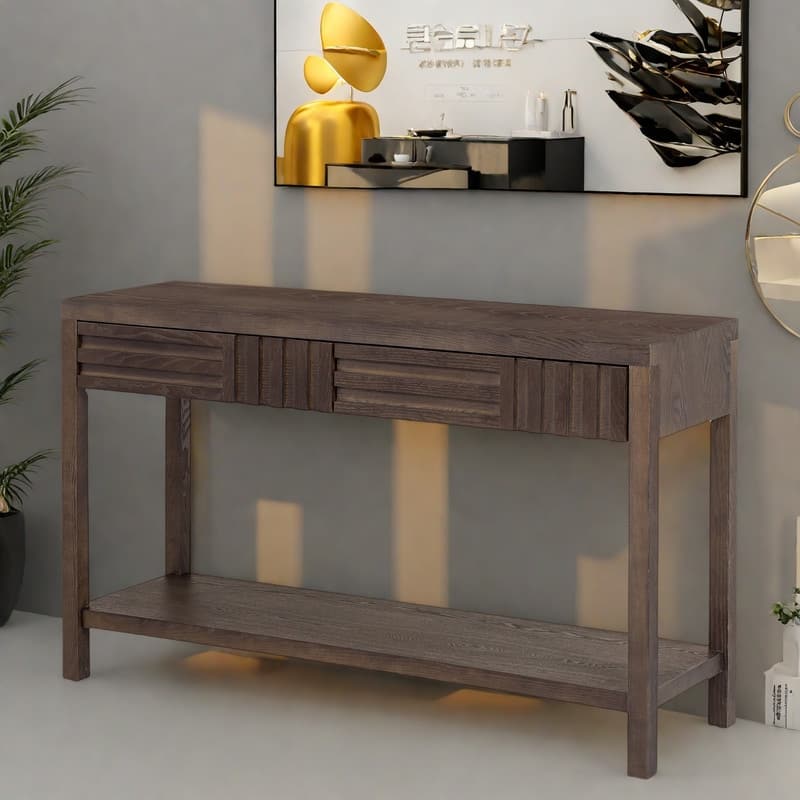 51.3" MDF Classic Stripe Console Table - Ash Veneer & Fir Wood Legs with 2 Drawers - Brown
