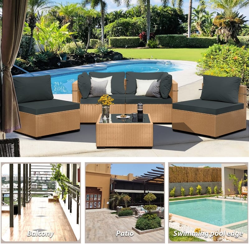 Patio Watcher 5-Pieces Yellow Rattan Conversation Set with Cusions for Outdoors