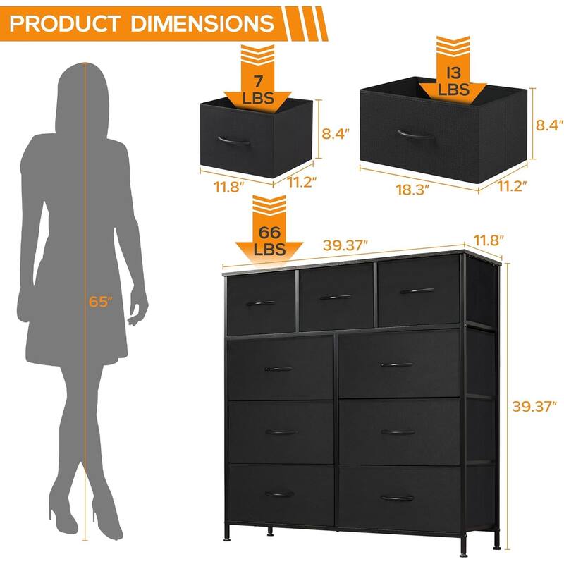 Dresser for Bedroom with 9 Fabric Drawers, Tall Chest Organizer Units for Clothing, Closet, Kidsroom, Storage Tower with Cabinet