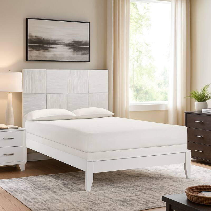 Deny Twin Size Bed w Grid Pattern Headboard, Tapered Front Legs, White
