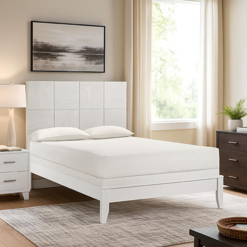 Deny Twin Size Bed w Grid Pattern Headboard, Tapered Front Legs, White