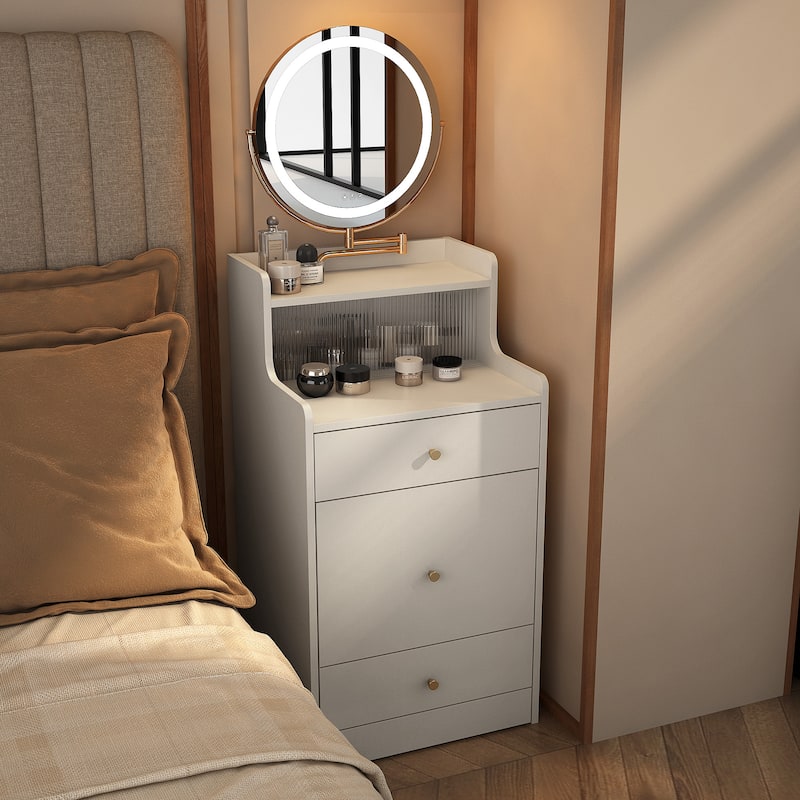 3 in 1 Small Vanity, Makeup Table with Mirror and Light, Vanity Table Set with 2 Drawers and Upholstered Stool