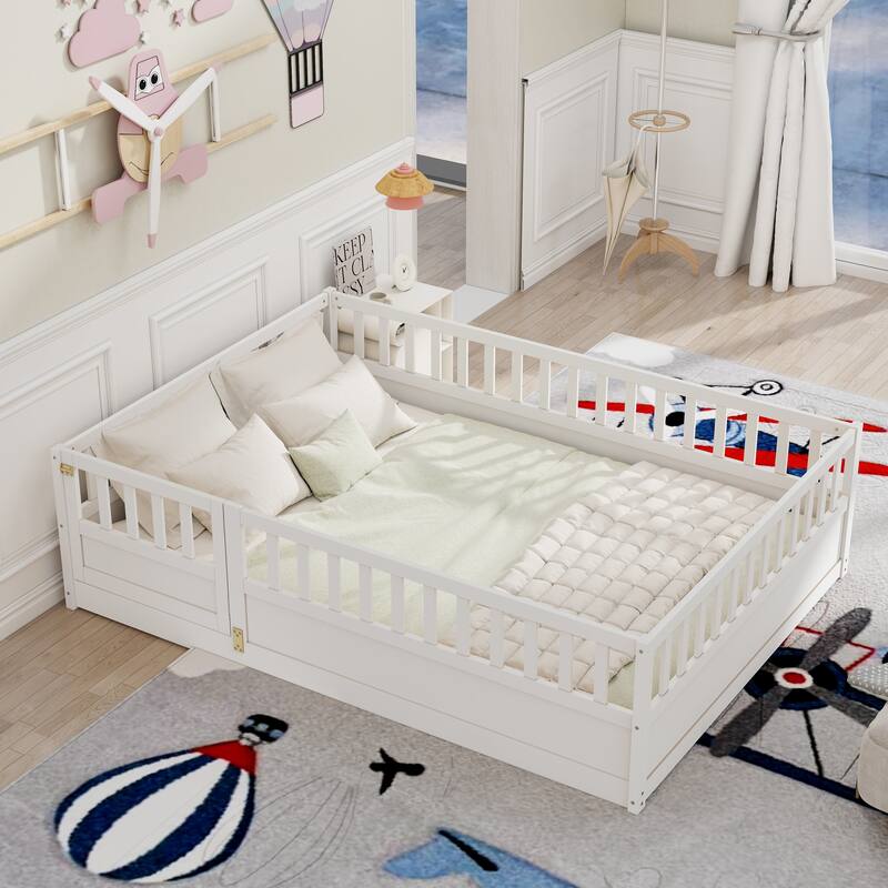 Full Size Wooden Children's Floor Bed with Sturdy Fence, Montessori-Inspired French Pine Bed Frame for Enhanced Safety