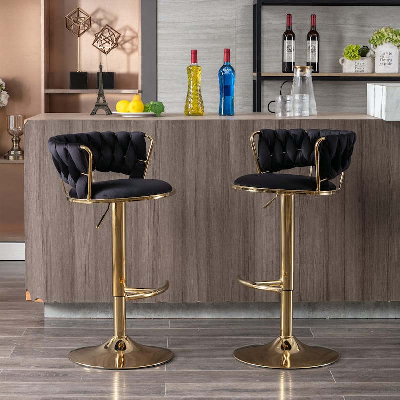 Set of 2 Adjustable Swivel Bar Stools, Black Velvet with Chrome Footrest & Gold Legs