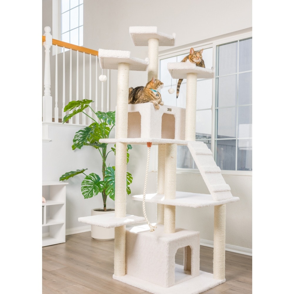 Classic Real Wood Cat Tree In Ivory Jackson Galaxy Approved Multi Levels With Ramp Three Perches Rope Swing Two Condos