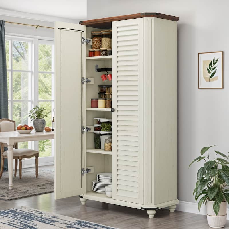 Moasis Farmhouse Pantry Cabinet 4-Tier Storage Cabinet with 2 Magnetic Doors and Adjustable Shelves&Hooks