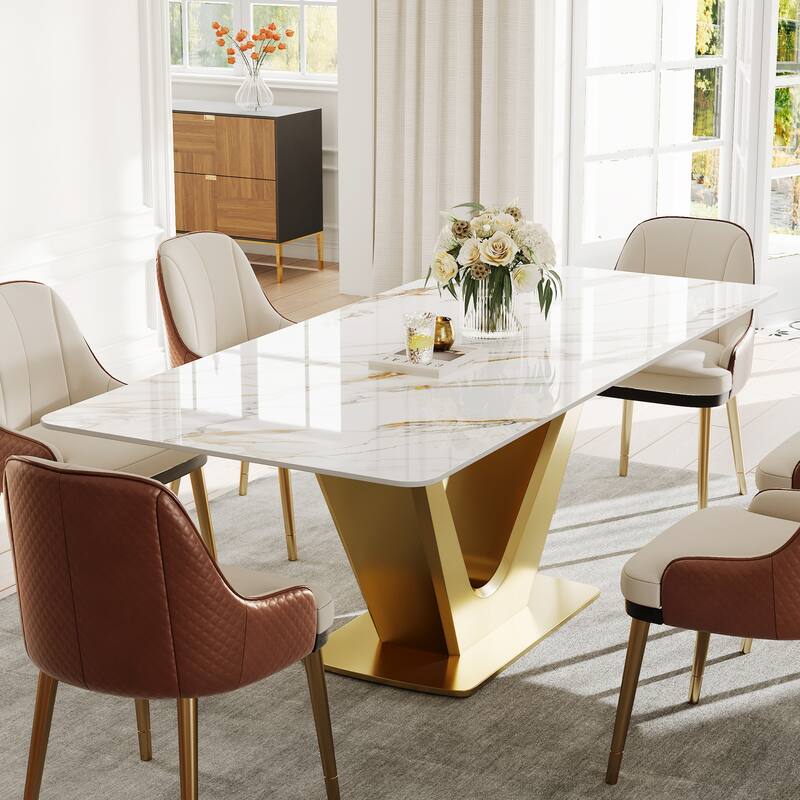 71'' Modern Rectangular Dining Table for 6, White Glossy Sintered Stone top with Gold Stainless Steel Legs