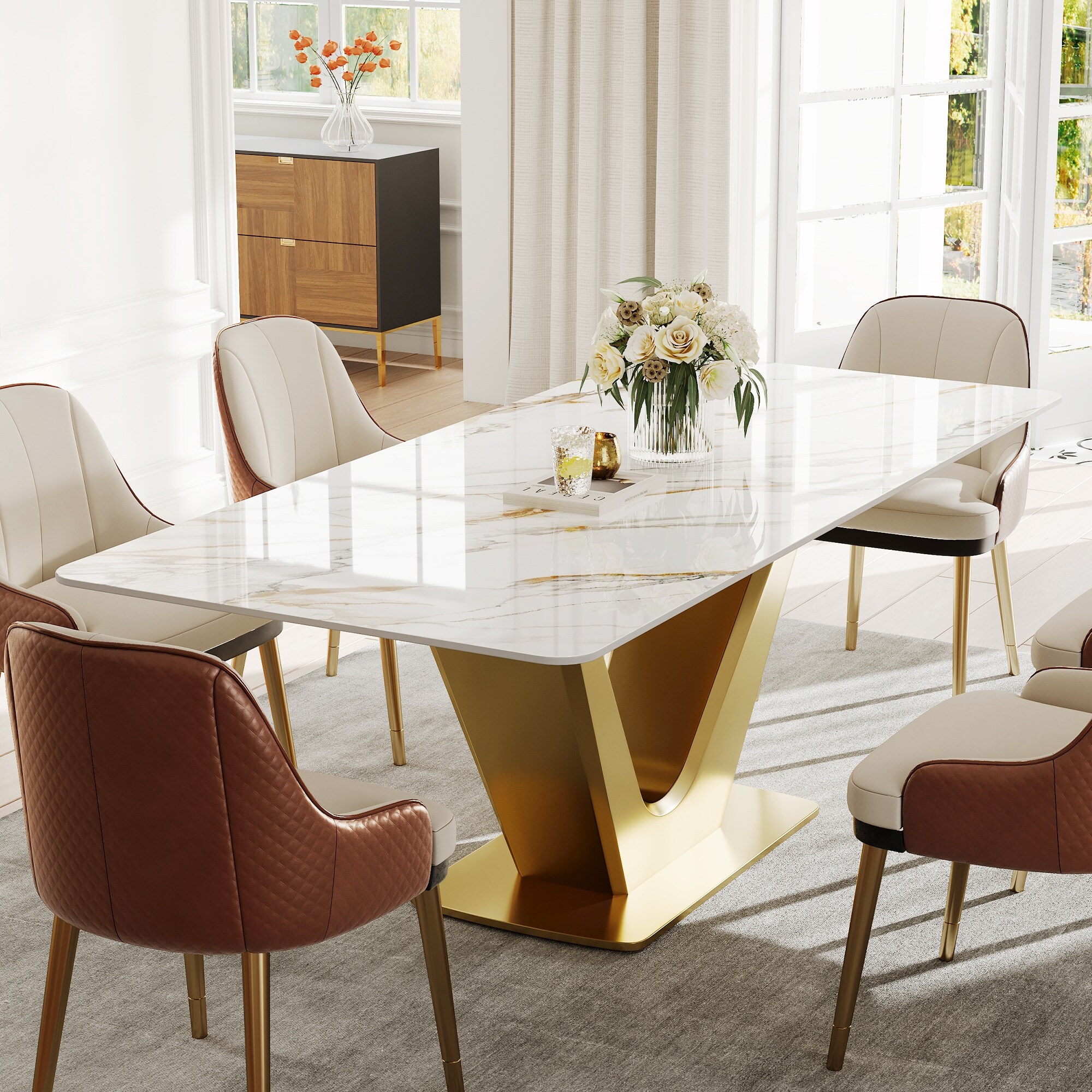 71'' Modern Rectangular Dining Table for 6, White Glossy Sintered