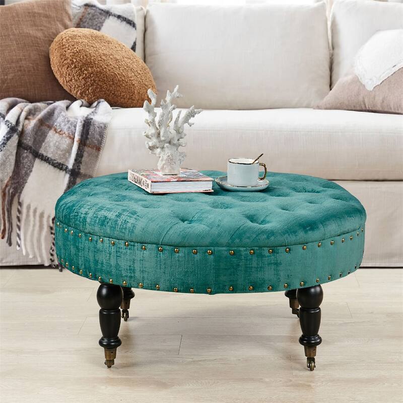 Round Velvet Tufted Coffee Table Ottoman, 34" x 34" x 17" H