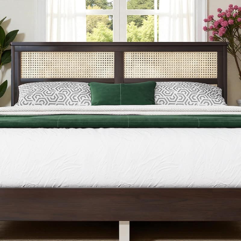 Queen Size Solid Rubber Wood Bed with Rattan Headboard, Durable Frame with Central Support Feet and Under-Bed Storage