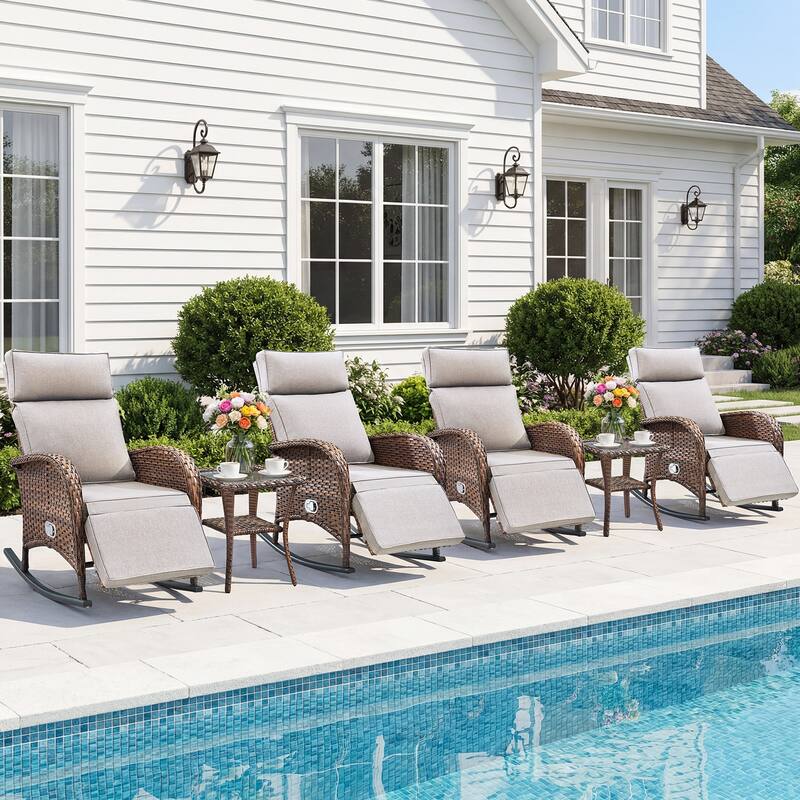 Pocassy Patio Wicker Recliner Rocker Chair with Adjustable Backrest - Brown Wicker with Beige Cushion - 6 Piece Rocker Recliner Chair with Side Table