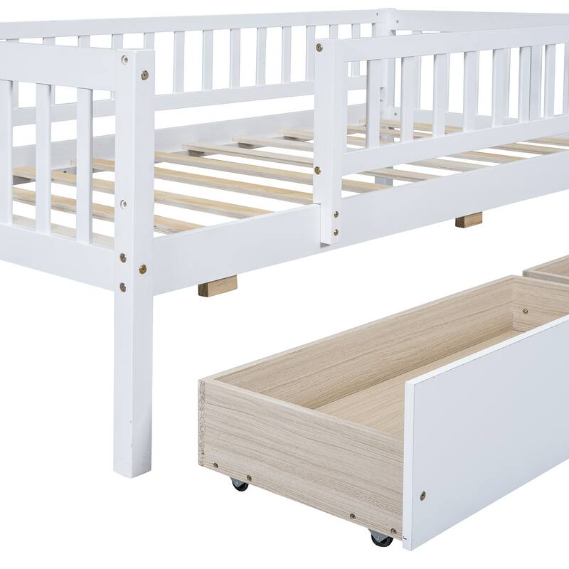Twin Size Daybed Wood Bed Wood Platform Bed Frame No Box Spring Needed, 2 Extendable Wood Drawers with Trundle for Boys Girls