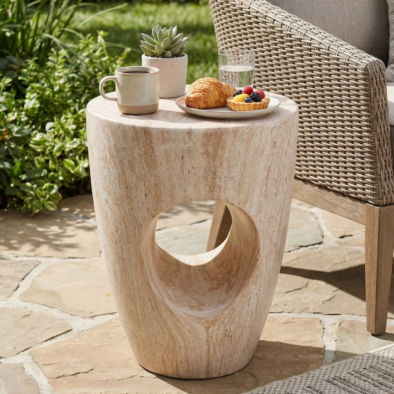 Christopher Knight Home - Modern Indoor/Outdoor 19.29"H MgO Accent Side End Table with Sculptural Cutout & Marble Finish - Beige Faux Marble