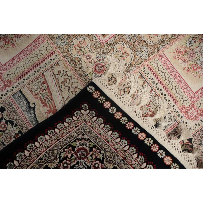 Machine Made Oriental 90% Silk - 10% Polyester Carpet Traditional Medallion Navy Blue & Blues Qum Area Rug - 9' 10'' X 6' 6''