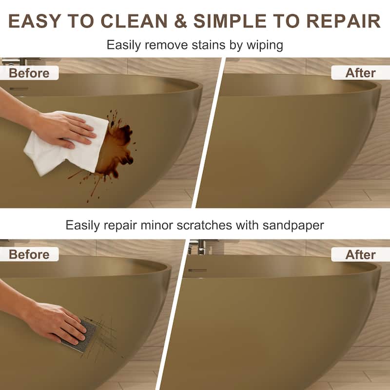 61 in. Freestanding Solid Surface Soaking Bathtub in Camel, Modern Design with Center Drain