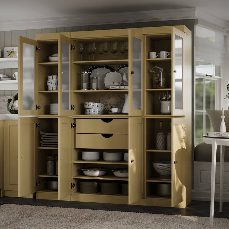 Palace Imports 100% Solid Wood 65" Pantry Cabinet with Frosted Glass, Shaker Doors, 2-Drawers and Adjustable Shelves