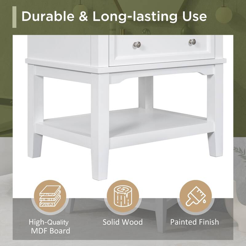24" White Bathroom Vanity Base - Solid Wood & MDF Cabinet, Open Shelf & Drawer, Freestanding Design