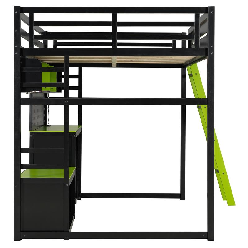 Full Size Wood Loft Bed with Storage Desk Shelves and LED Lights