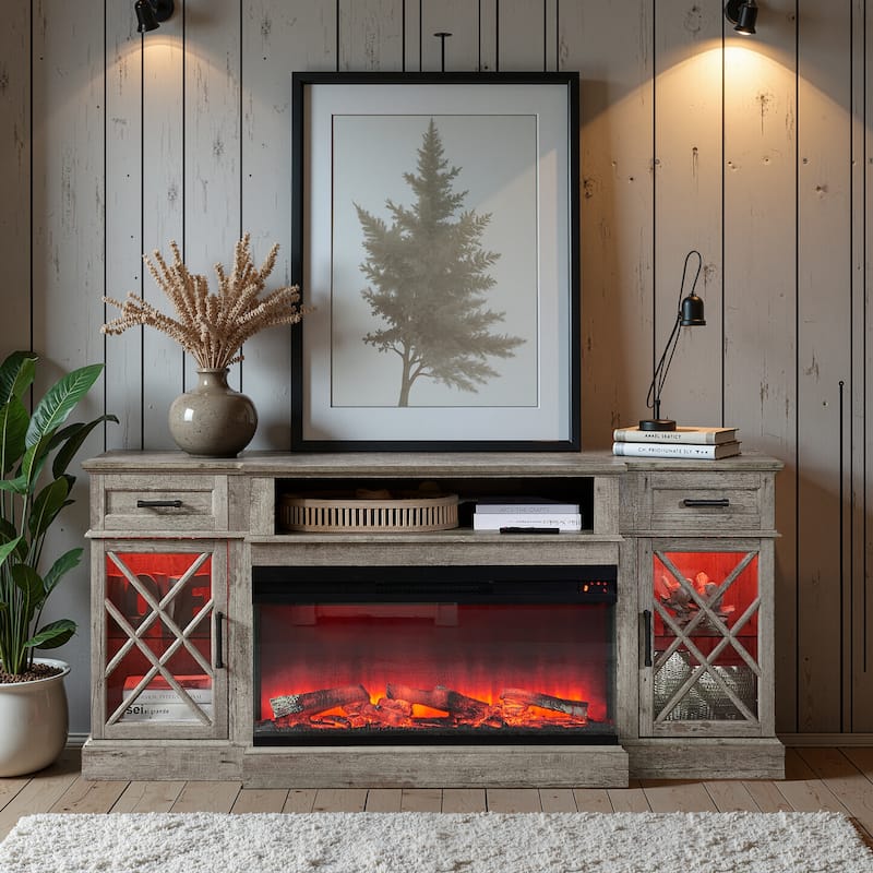 Farmhouse 3-Sided Electric Fireplace TV Stand, Entertainment Center - Light Rustic Oak