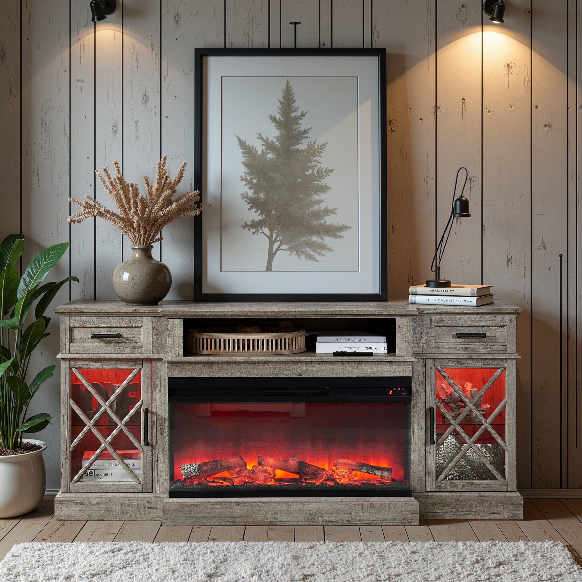 Farmhouse 3-Sided Electric Fireplace TV Stand, Entertainment