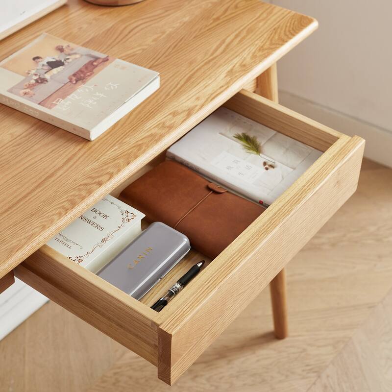 Modern Writing Study Desk with 2 Drawers and Solid Oak Frame for Small Home Office or Apartment Spaces
