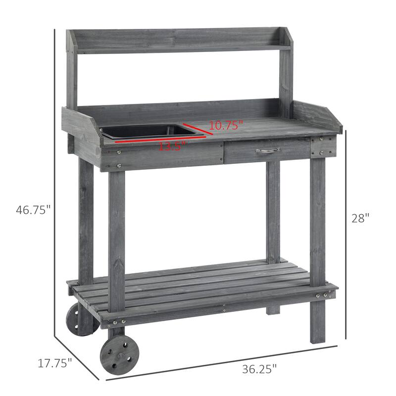 Outsunny 36.25" x 17.75" x 46.75'' Wooden Potting Bench Work Table with 2 Removable Wheels & Large Storage Spaces