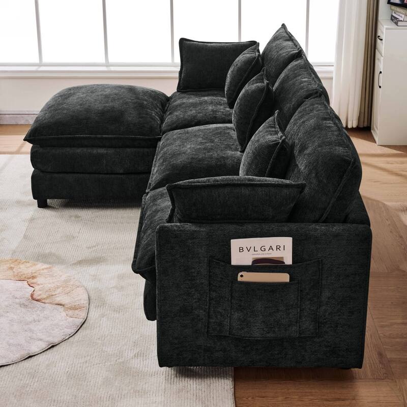 101.9" L-shaped Cashmere Sectional Sofa with Pillows and Movable Ottoman