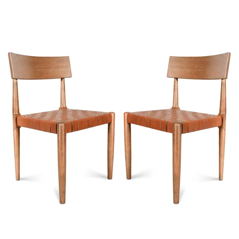 Genuine Leather Woven Straps Solid Back Side Chair (Set of 2)