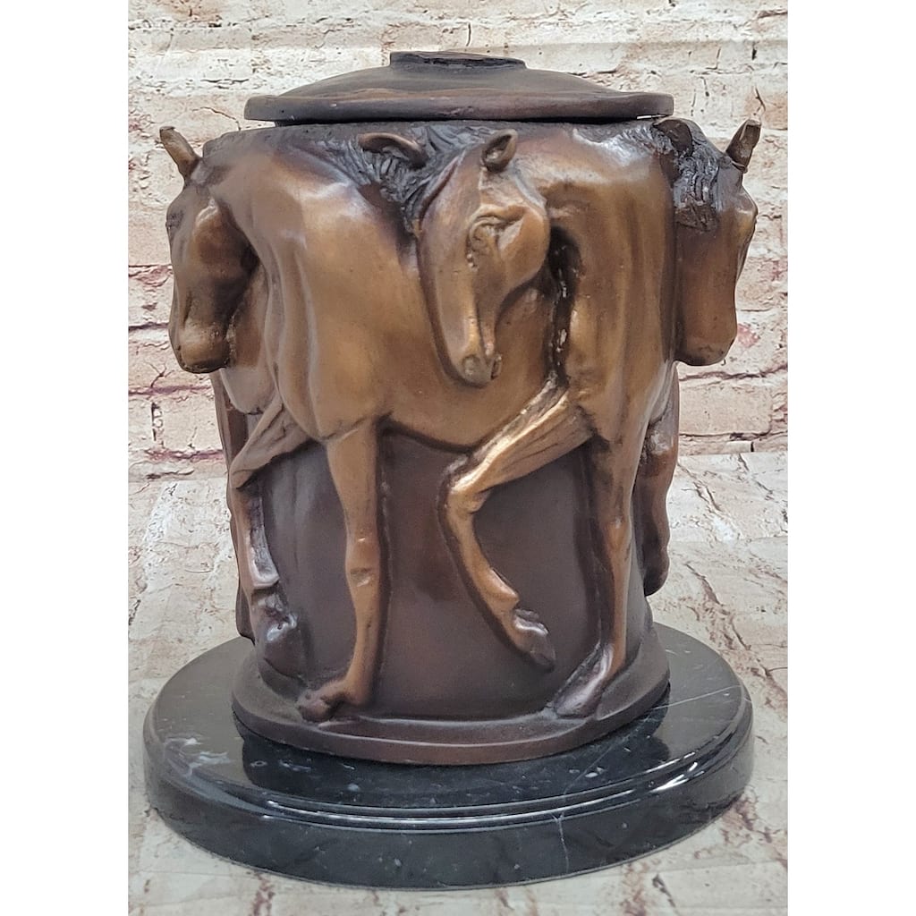 Bronze Imitative Horse Relief Sculpture Vase – Equestrian Art Urn With Imitative Horse Figures On Marble Base