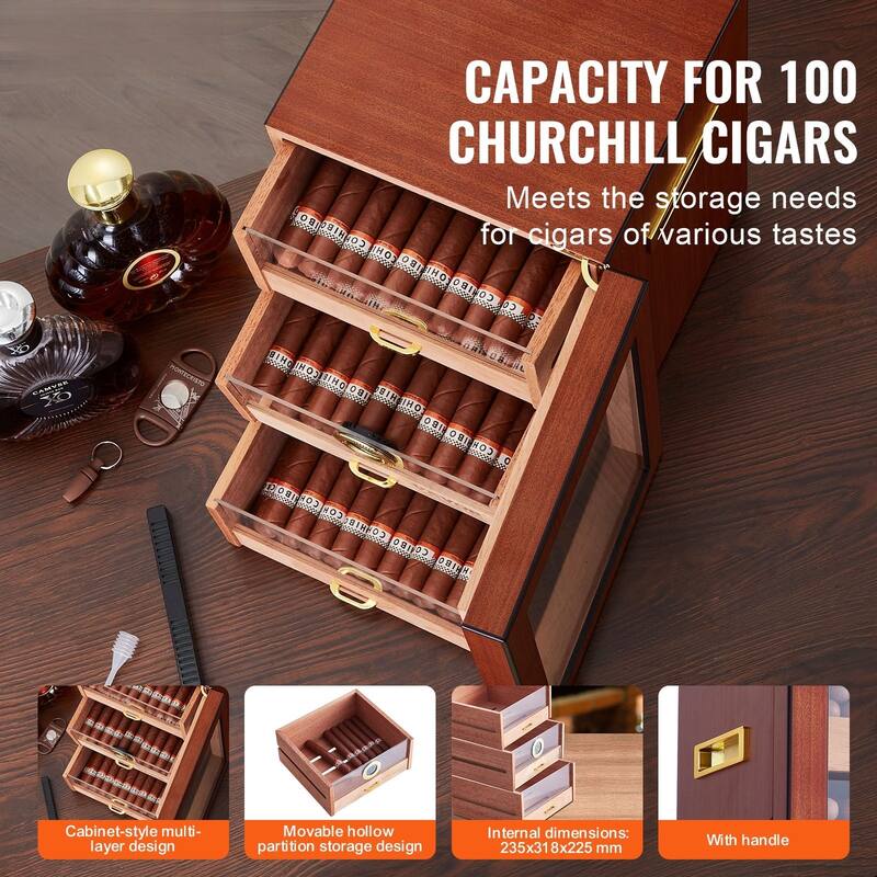 Cigar Humidor, Glass Top Cigar Humidor Box, Handmade Spanish Cedar Wood Cigar Desktop Box, Cigar Storage Case with Humidifier