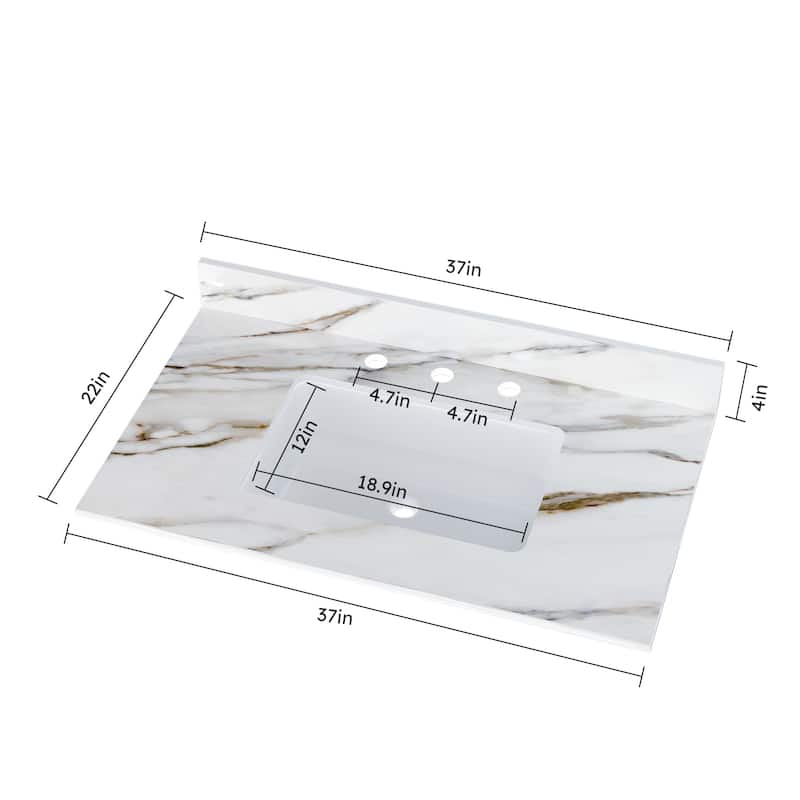37 Inch Bathroom Marble Vanity Top,Undermount Middle Sink,4" Height Backsplash,Pre-Drilled 8 Inch Faucet Hole Spread Vanity Top