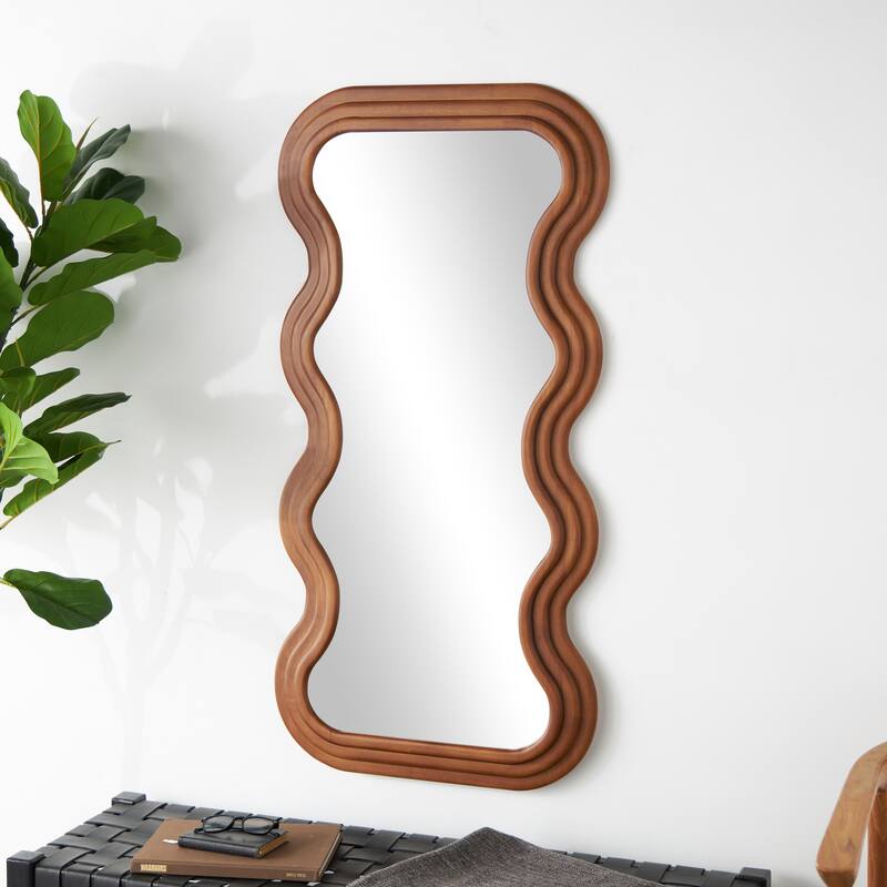 Brown Wood Wavy Room Wall Mirror with Dimensional Carved Frame