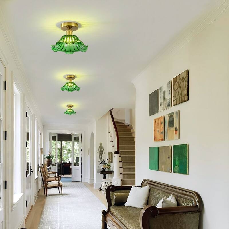 1-Light Retro Flower-Shaped Mertal Semi-Flush Mount Ceiling Light with Amber/Green Textured Glass Shade