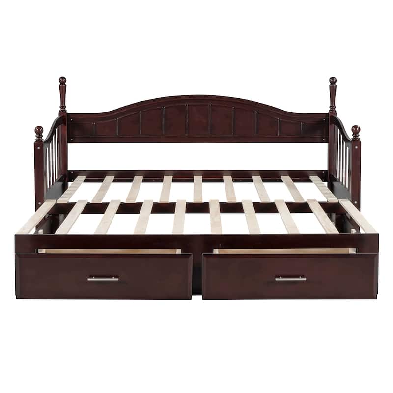 Espresso Twin Size Wooden Daybed with Two Storage Drawers and Trundle for Bedroom