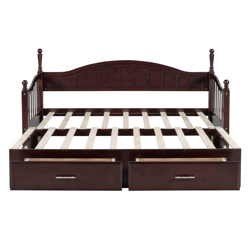 Twin Daybed Extendable Wood Sofa Bed Frame w/ Pull-out Trundle & 2 Storage Drawers, Wood Slat Support, Guardrails on Both Sides