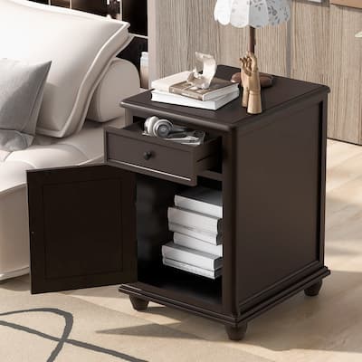 End Table with Solid Wood Legs,Side Table with USB Ports,1 Storage Cabinet and 1 Drawer for Living Room